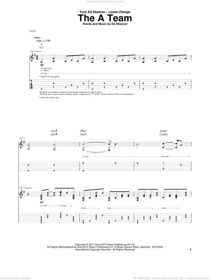 The A Team sheet music for guitar (tablature) by Ed Sheeran, intermediate skill level