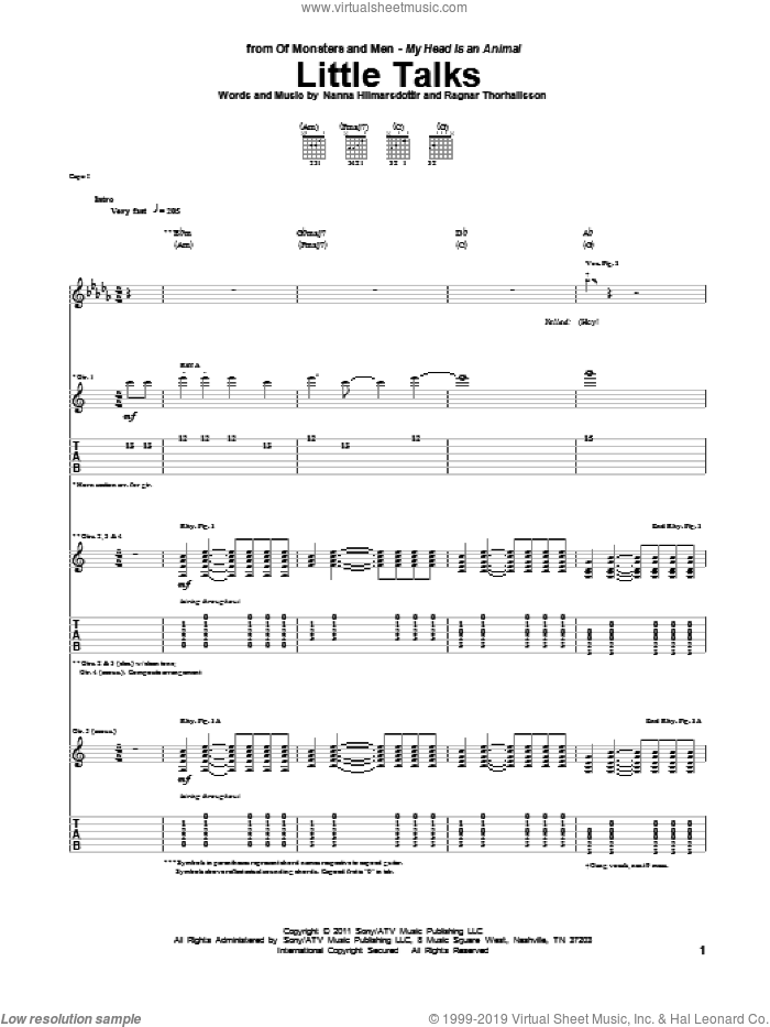 Little Talks sheet music for guitar (tablature) by Of Monsters And Men, intermediate skill level