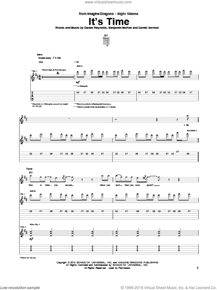 It's Time sheet music for guitar (tablature) by Imagine Dragons, intermediate skill level