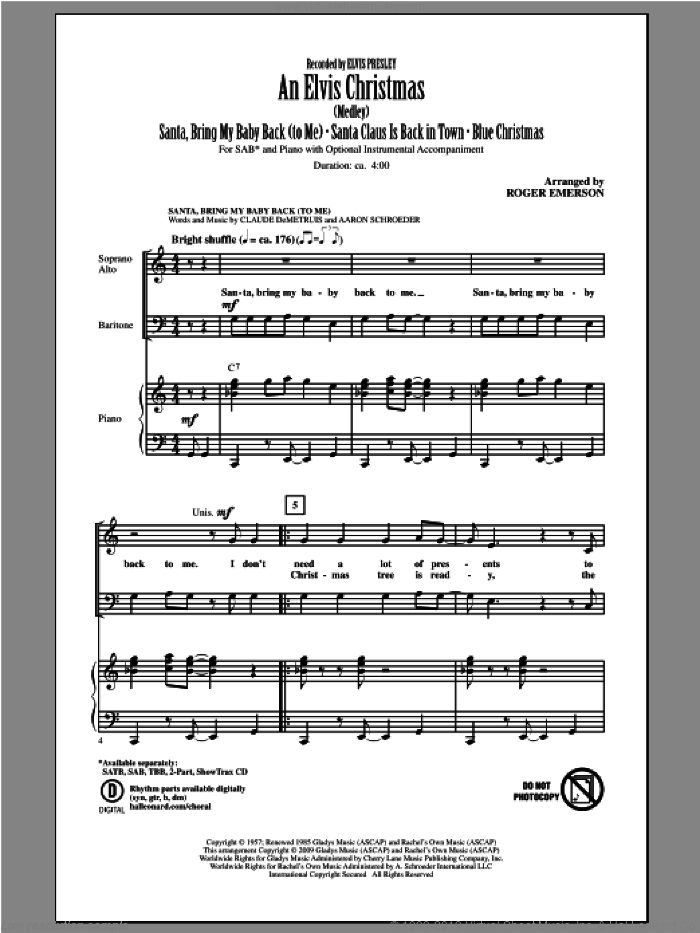 An Elvis Christmas sheet music for choir (SAB: soprano, alto, bass) by Elvis Presley and Roger Emerson, intermediate skill level