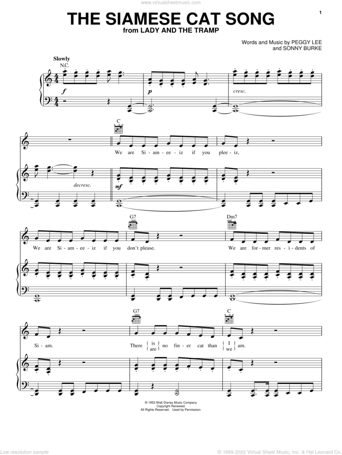 The Siamese Cat Song (from Lady And The Tramp) sheet music for voice, piano or guitar by Peggy Lee and Sonny Burke, intermediate skill level