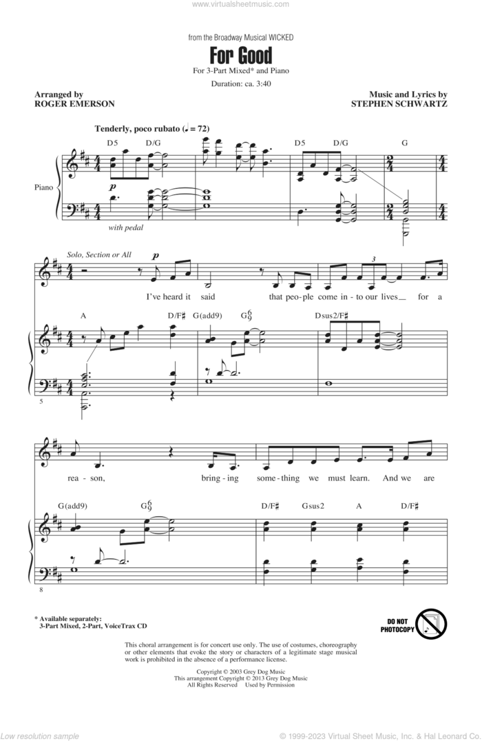 For Good (from Wicked) (arr. Roger Emerson) sheet music for choir (3-Part Mixed) by Stephen Schwartz and Roger Emerson, intermediate skill level