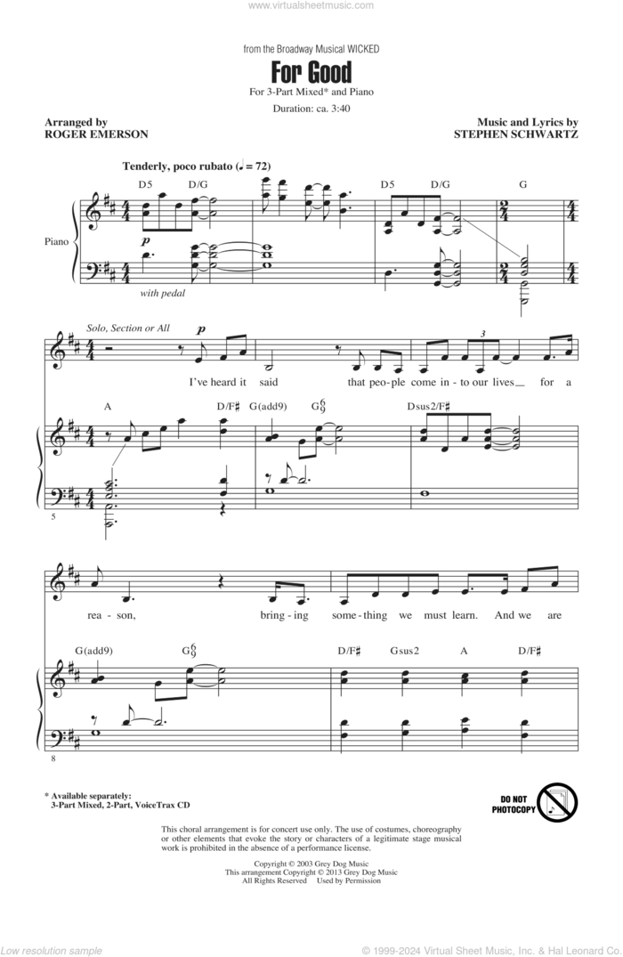 For Good (from Wicked) (arr. Roger Emerson) sheet music for choir (3-Part Mixed) by Stephen Schwartz and Roger Emerson, intermediate skill level