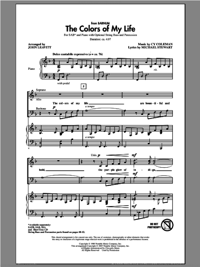 The Colors Of My Life sheet music for choir (SAB: soprano, alto, bass) by John Leavitt, intermediate skill level