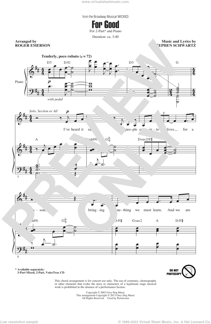 For Good (from Wicked) (arr. Roger Emerson) sheet music for choir (2-Part) by Stephen Schwartz and Roger Emerson, intermediate duet