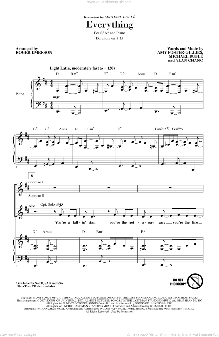 Everything sheet music for choir (SSA: soprano, alto) by Roger Emerson and Michael Buble, wedding score, intermediate skill level