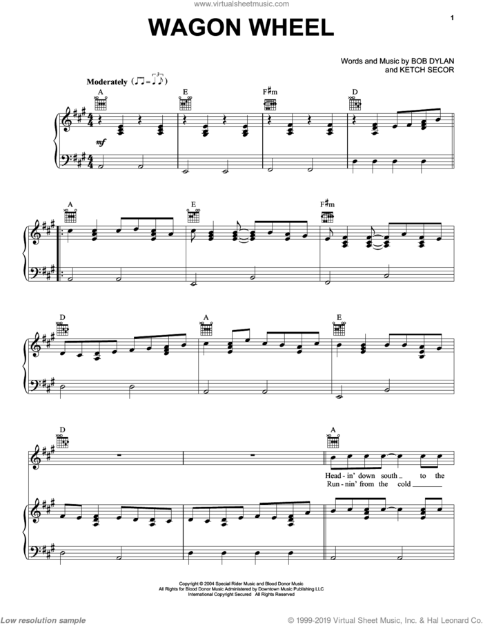 Wagon Wheel sheet music for voice, piano or guitar by Darius Rucker and Old Crow Medicine Show, intermediate skill level