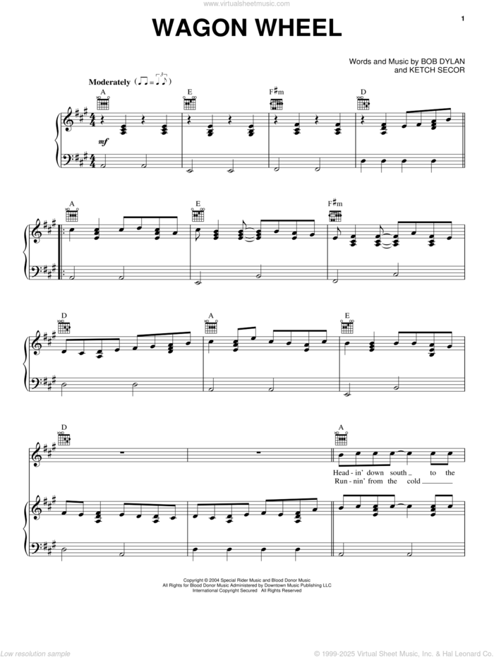 Wagon Wheel sheet music for voice, piano or guitar by Darius Rucker and Old Crow Medicine Show, intermediate skill level