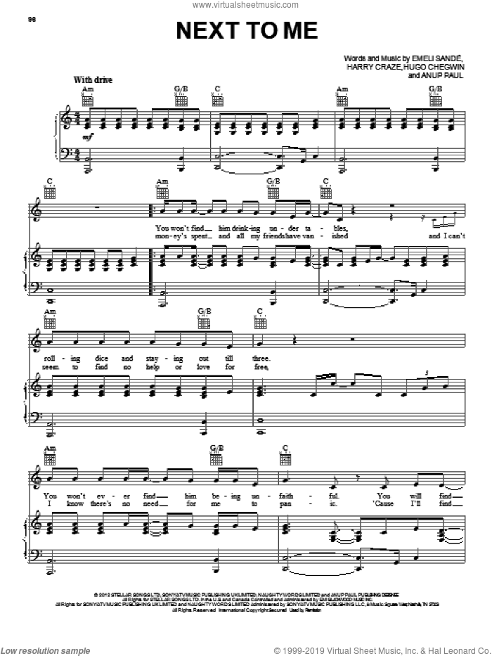 Next To Me sheet music for voice, piano or guitar by Emeli Sande, intermediate skill level