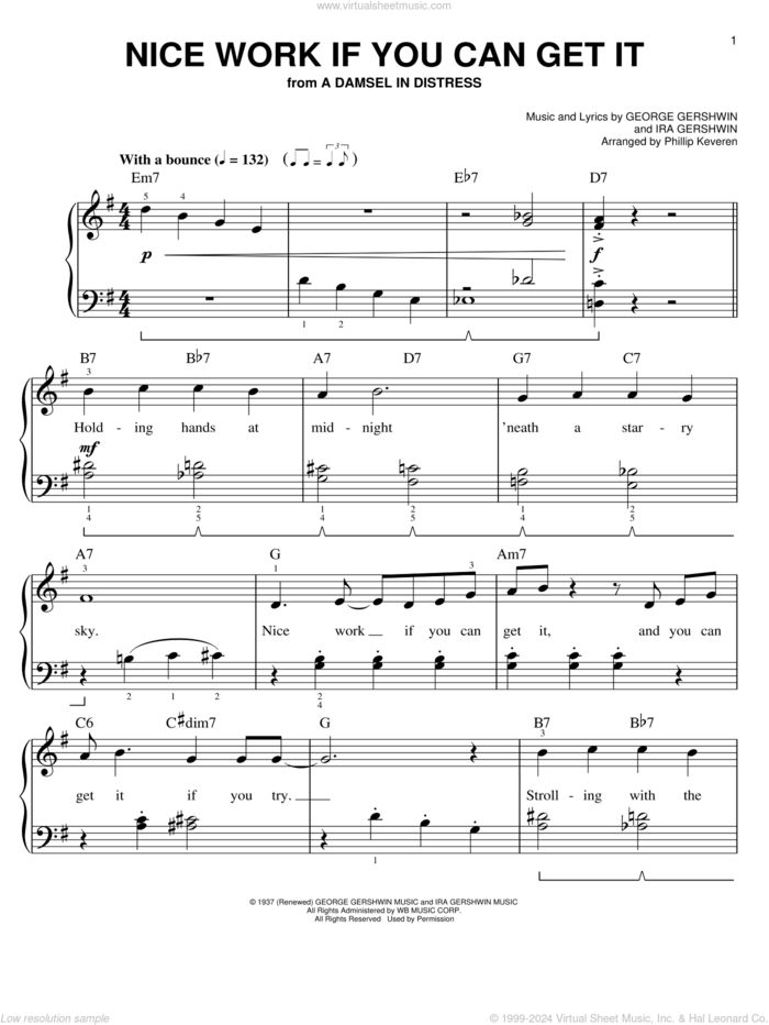 Nice Work If You Can Get It (arr. Phillip Keveren) sheet music for piano solo by Phillip Keveren, Frank Sinatra, George Gershwin and Ira Gershwin, easy skill level