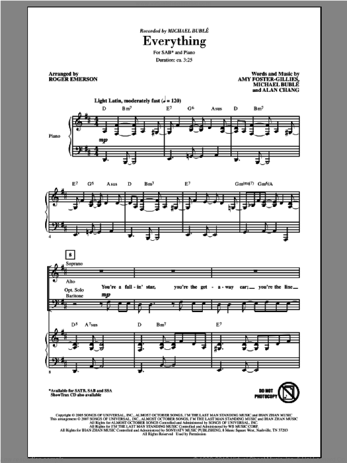 Everything sheet music for choir (SAB: soprano, alto, bass) by Roger Emerson and Michael Buble, wedding score, intermediate skill level