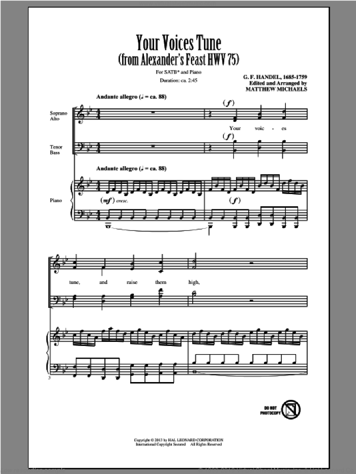 Your Voices Tune (from Alexander's Feast) sheet music for choir (SATB: soprano, alto, tenor, bass) by George Frideric Handel and Matthew Michaels, intermediate skill level