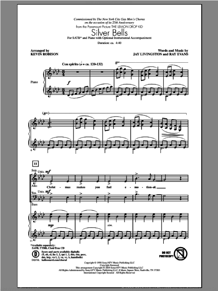 Silver Bells sheet music for choir (SATB: soprano, alto, tenor, bass) by Kevin Robison, intermediate skill level