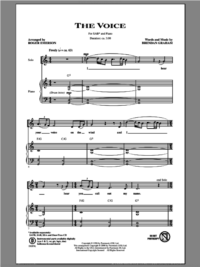 The Voice sheet music for choir (SAB: soprano, alto, bass) by Brendan Graham and Roger Emerson, intermediate skill level