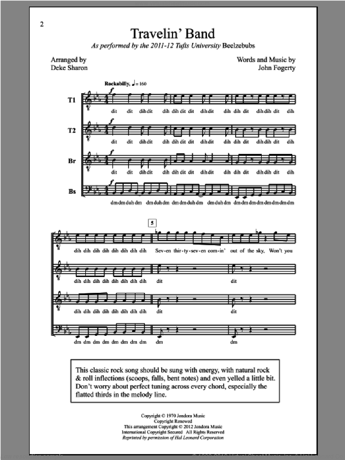 Travelin' Band sheet music for choir (TTBB: tenor, bass) by Deke Sharon and Creedence Clearwater Revival, intermediate skill level