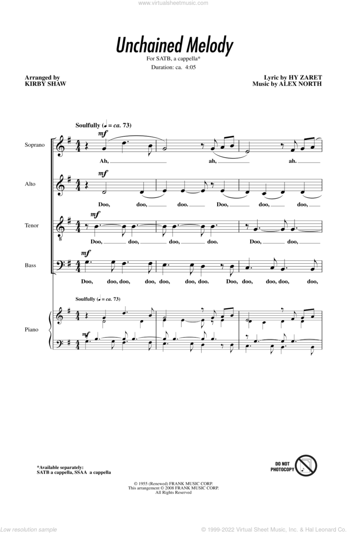 Unchained Melody sheet music for choir (SATB: soprano, alto, tenor, bass) by Kirby Shaw and The Righteous Brothers, wedding score, intermediate skill level