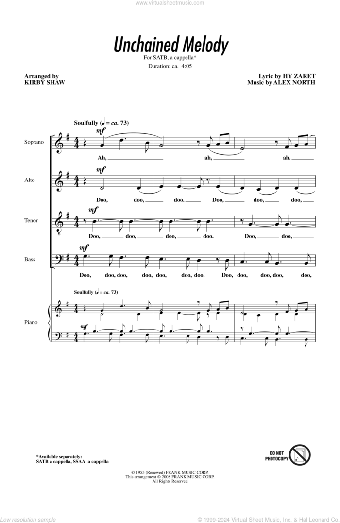 Unchained Melody sheet music for choir (SATB: soprano, alto, tenor, bass) by Kirby Shaw and The Righteous Brothers, wedding score, intermediate skill level