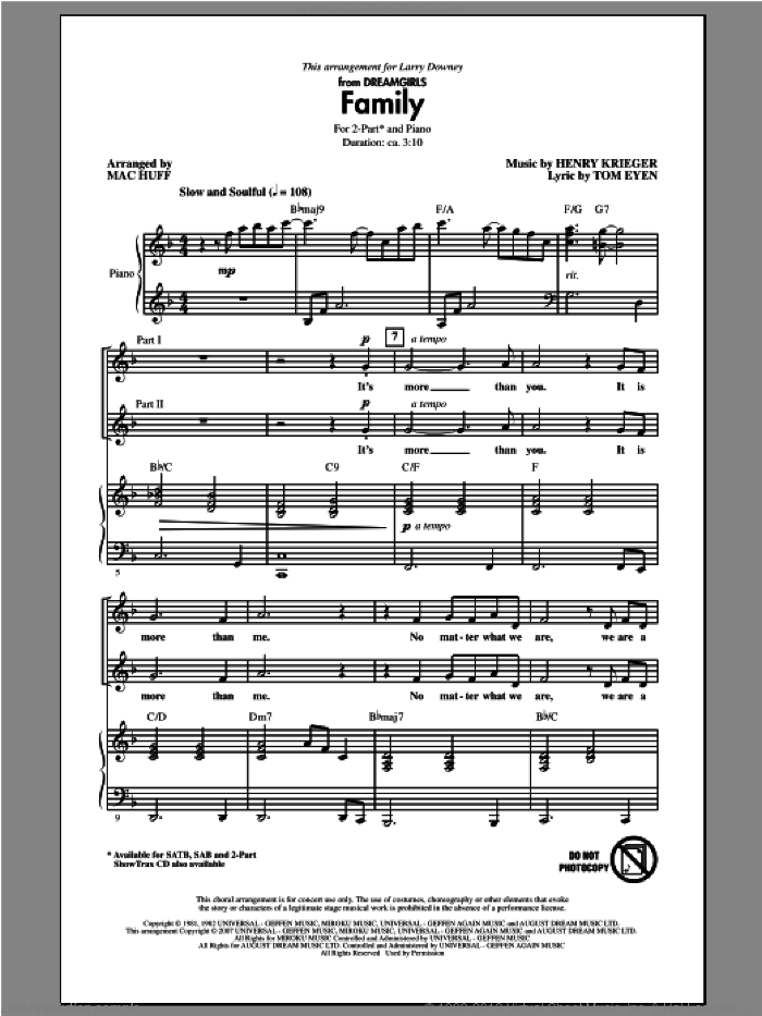 Family (from Dreamgirls) (arr. Mac Huff) sheet music for choir (2-Part) by Henry Krieger, Mac Huff and Tom Eyen, intermediate duet