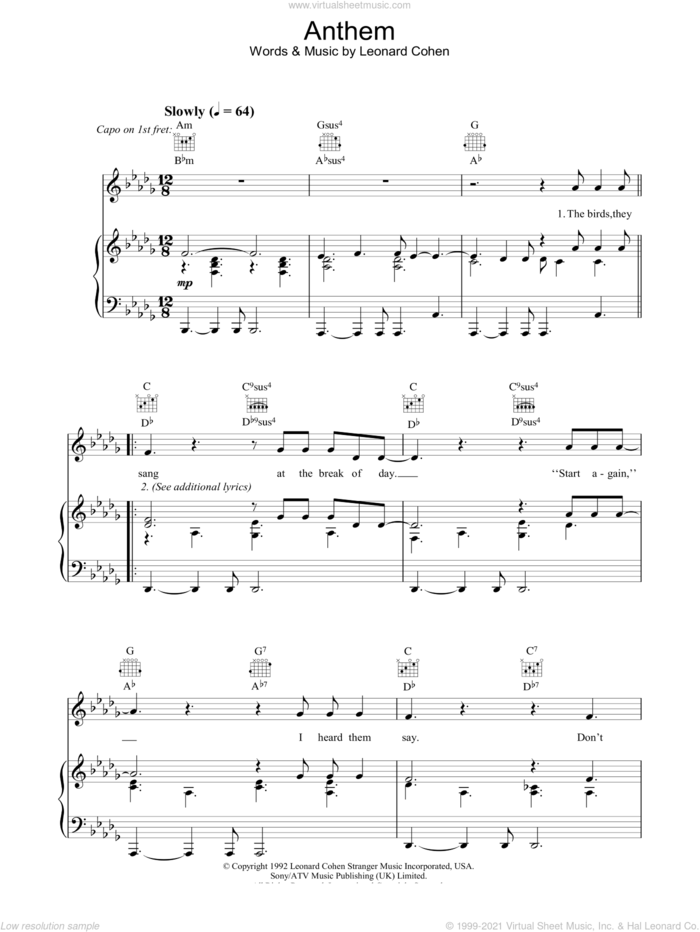Anthem sheet music for voice, piano or guitar by Leonard Cohen, intermediate skill level
