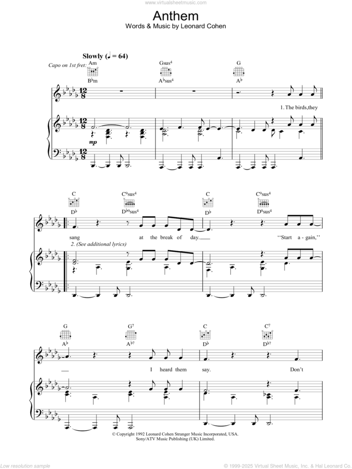 Anthem sheet music for voice, piano or guitar by Leonard Cohen, intermediate skill level