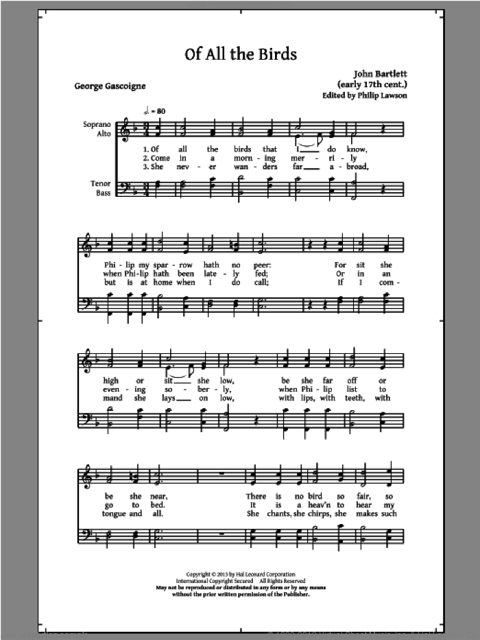The Birds and The Bees (Madrigal Collection for Mixed Voices) sheet music for choir (SATB: soprano, alto, tenor, bass) by Philip Lawson, intermediate skill level