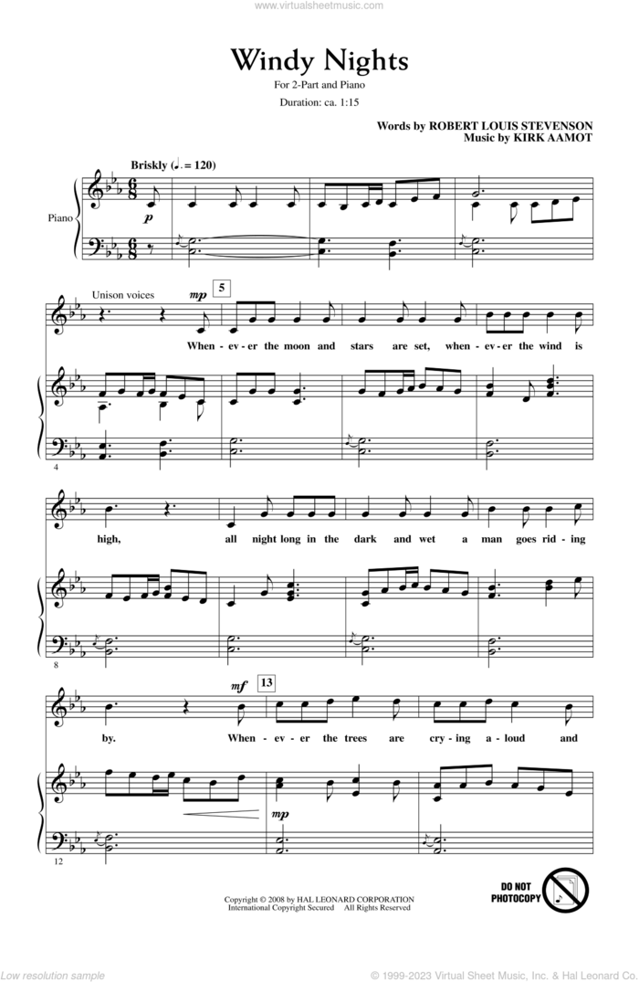 Windy Nights sheet music for choir (2-Part) by Kirk Aamot, intermediate duet