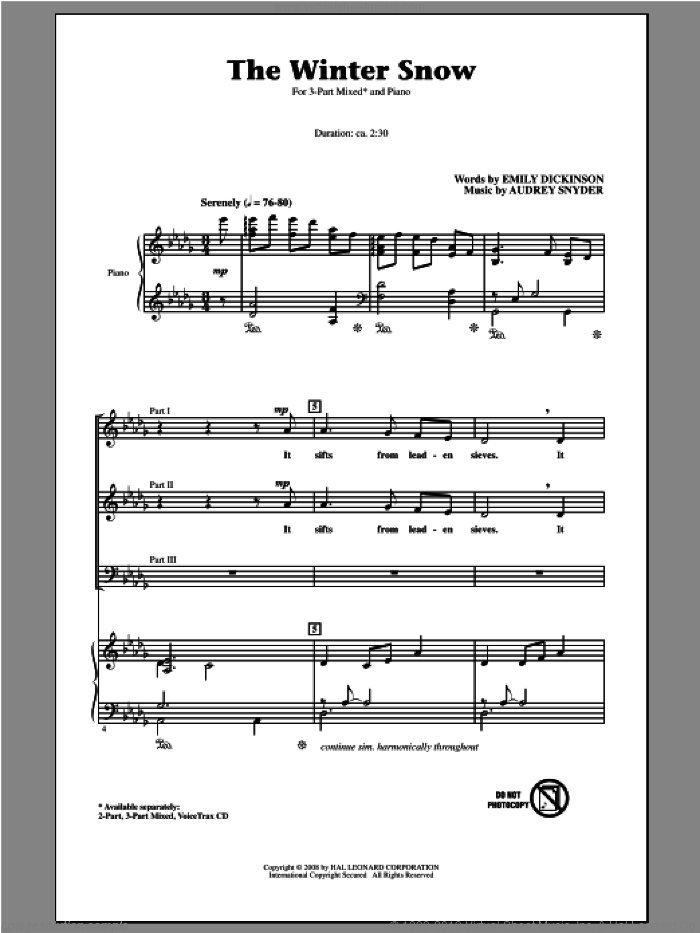 The Winter Snow sheet music for choir (3-Part Mixed) by Audrey Snyder and Emily Dickinson, intermediate skill level