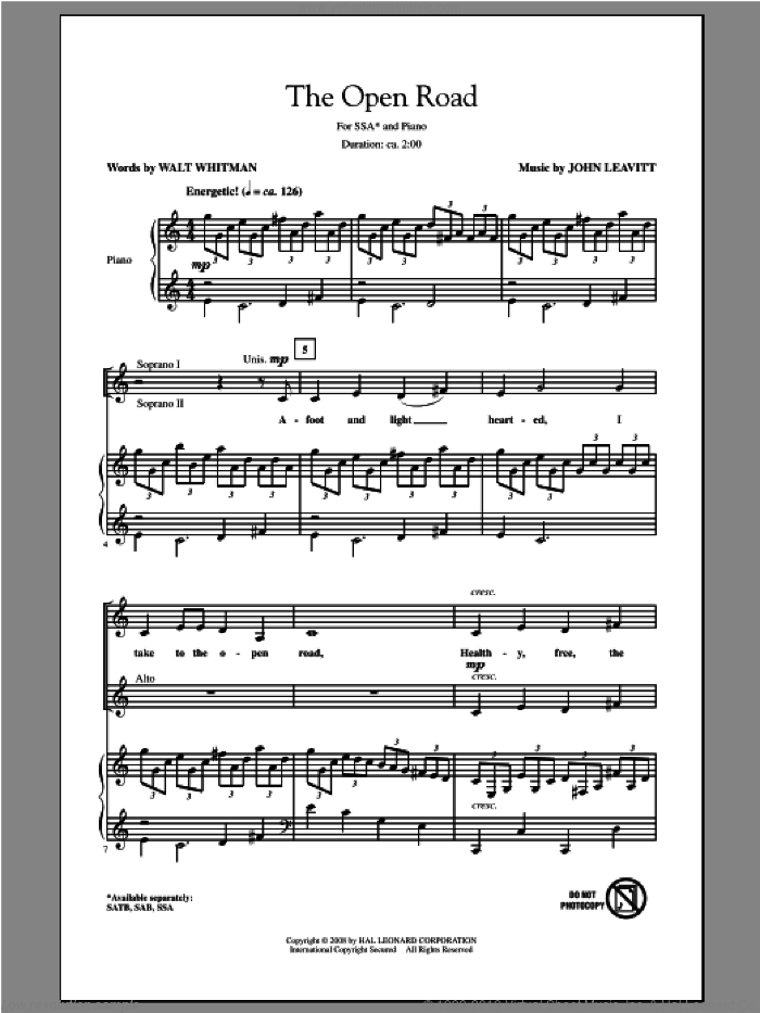 The Open Road sheet music for choir (SSA: soprano, alto) by John Leavitt and Walt Whitman, intermediate skill level