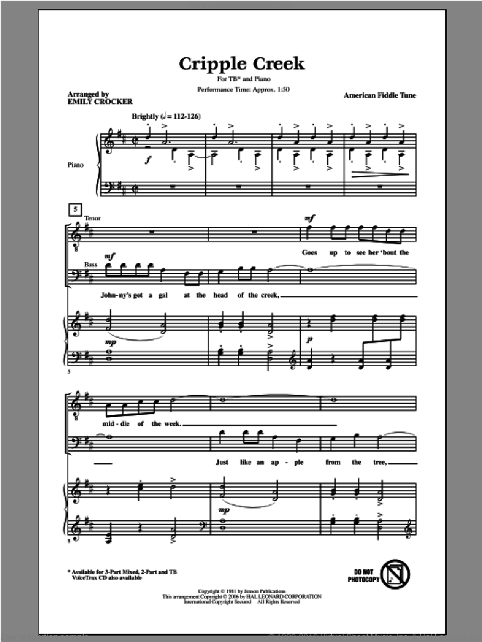 Cripple Creek sheet music for choir (TB: tenor, bass) by Emily Crocker, intermediate skill level
