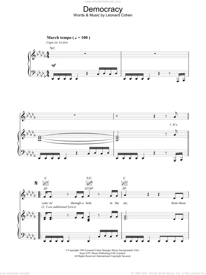 Democracy sheet music for voice, piano or guitar by Leonard Cohen, intermediate skill level