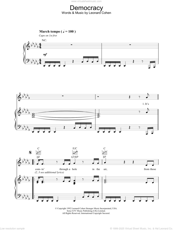 Democracy sheet music for voice, piano or guitar by Leonard Cohen, intermediate skill level