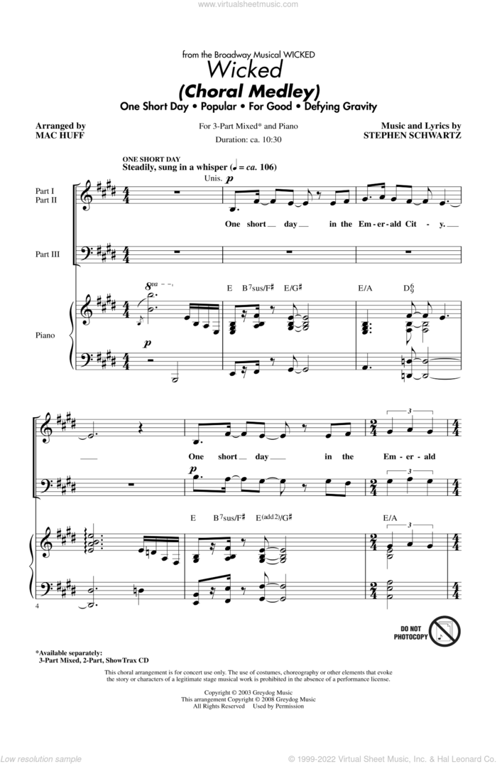 Wicked (Choral Medley) (arr. Mac Huff) sheet music for choir (3-Part Mixed) by Mac Huff and Stephen Schwartz, intermediate skill level