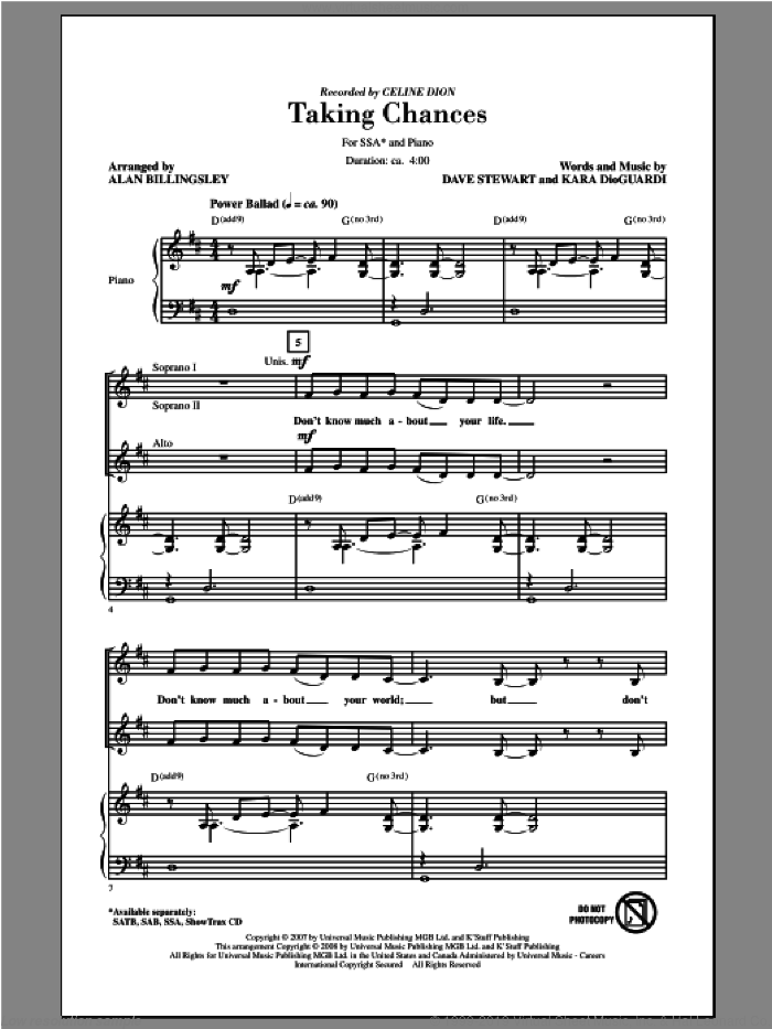 Taking Chances sheet music for choir (SSA: soprano, alto) by Alan Billingsley and Celine Dion, intermediate skill level