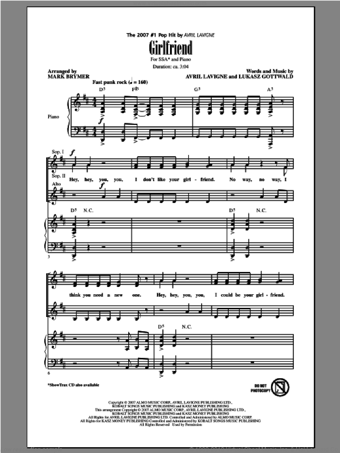 Girlfriend sheet music for choir (SSA: soprano, alto) by Mark Brymer and Avril Lavigne, intermediate skill level