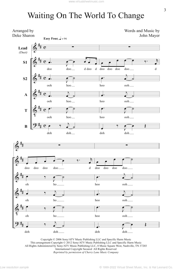 Waiting On The World To Change sheet music for choir (SATB: soprano, alto, tenor, bass) by Deke Sharon and John Mayer, intermediate skill level