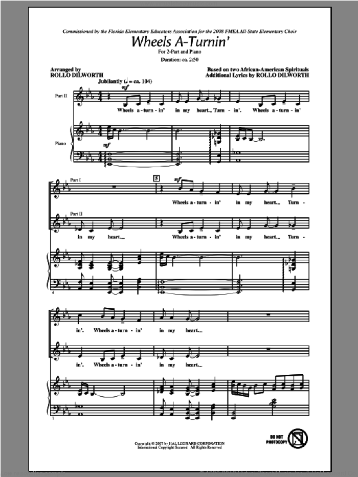 Wheels A-Turnin' sheet music for choir (2-Part) by Rollo Dilworth, intermediate duet