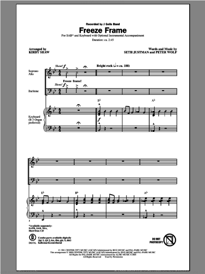 Freeze Frame sheet music for choir (SAB: soprano, alto, bass) by Kirby Shaw and J. Geils Band, intermediate skill level