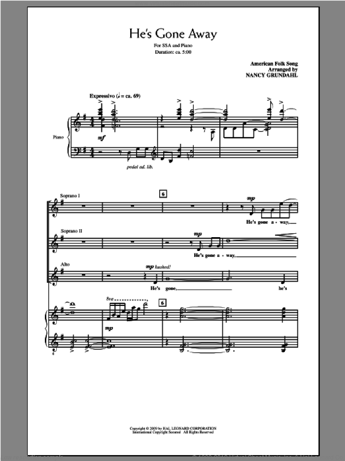 He's Gone Away sheet music for choir (SSA: soprano, alto) by Nancy Grundahl, intermediate skill level