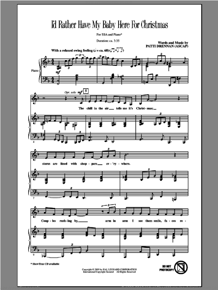 I'd Rather Have My Baby Here For Christmas sheet music for choir (SSA: soprano, alto) by Patti Drennan, intermediate skill level
