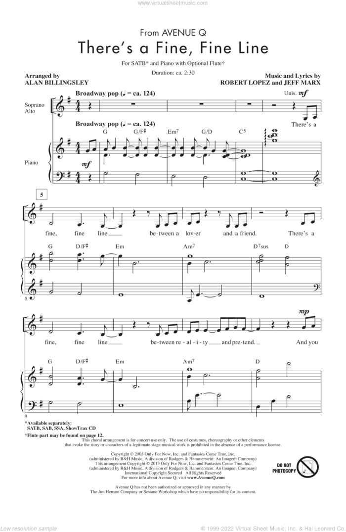 There's A Fine, Fine Line (from Avenue Q) sheet music for choir (SATB: soprano, alto, tenor, bass) by Alan Billingsley, Robert Lopez & Jeff Marx and Avenue Q, intermediate skill level