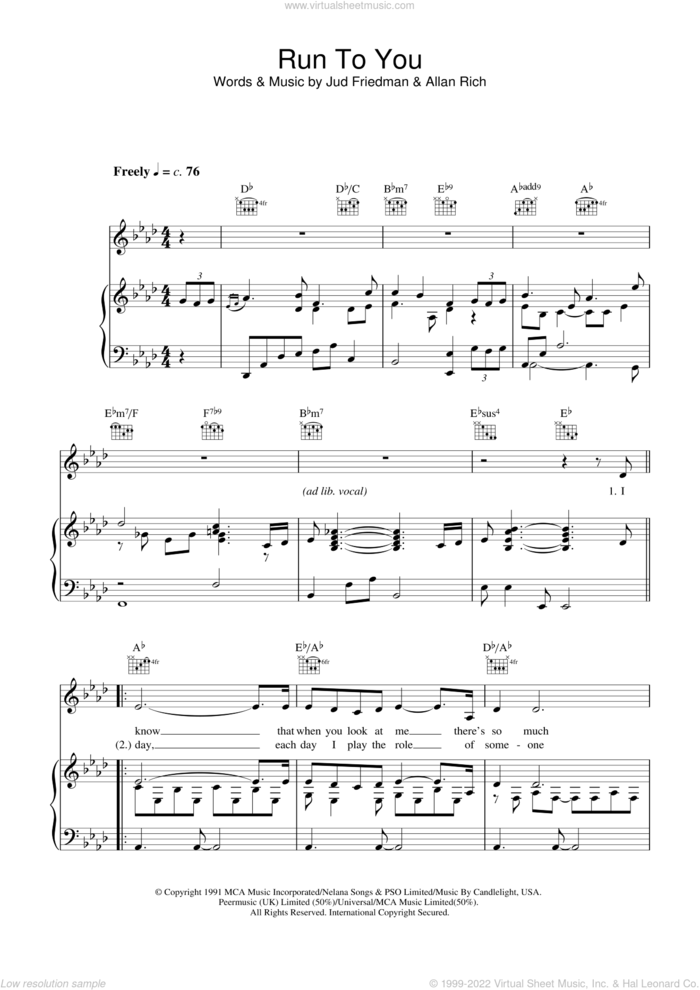 Run To You sheet music for voice, piano or guitar by Whitney Houston, Allan Rich and Jud Friedman, intermediate skill level
