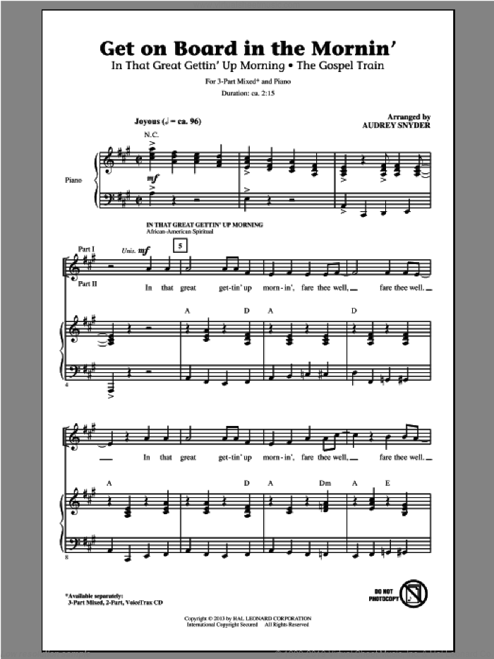 Get On Board In The Mornin' sheet music for choir (3-Part Mixed) by Audrey Snyder, intermediate skill level