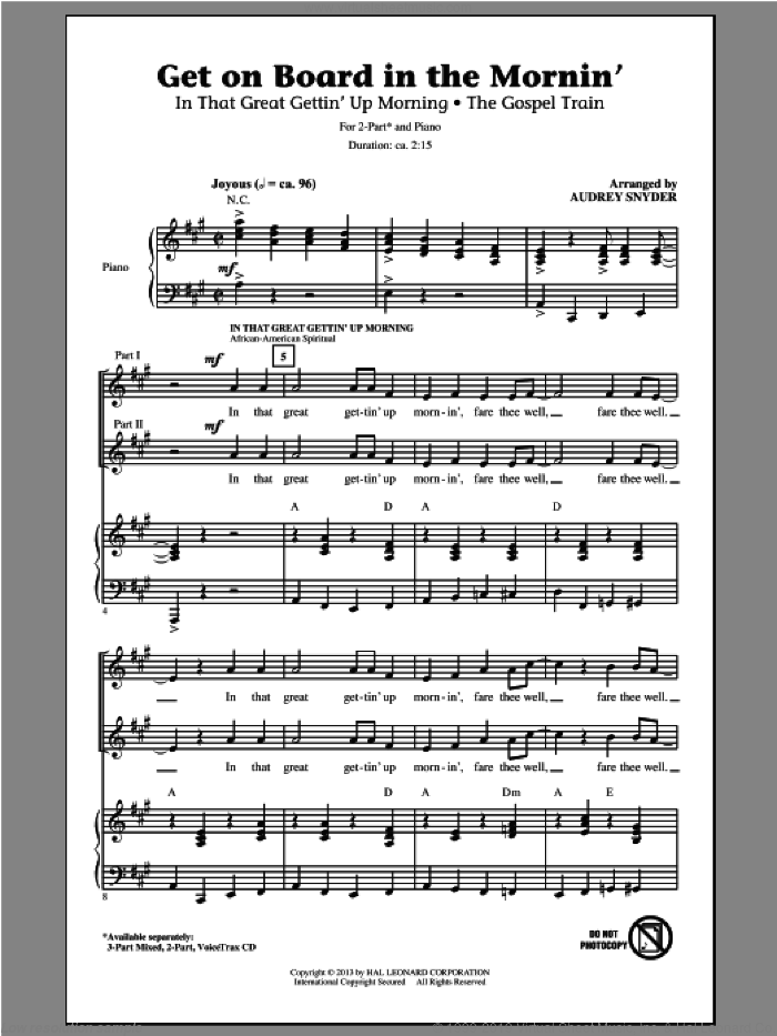 Get On Board In The Mornin' sheet music for choir (2-Part) by Audrey Snyder, intermediate duet