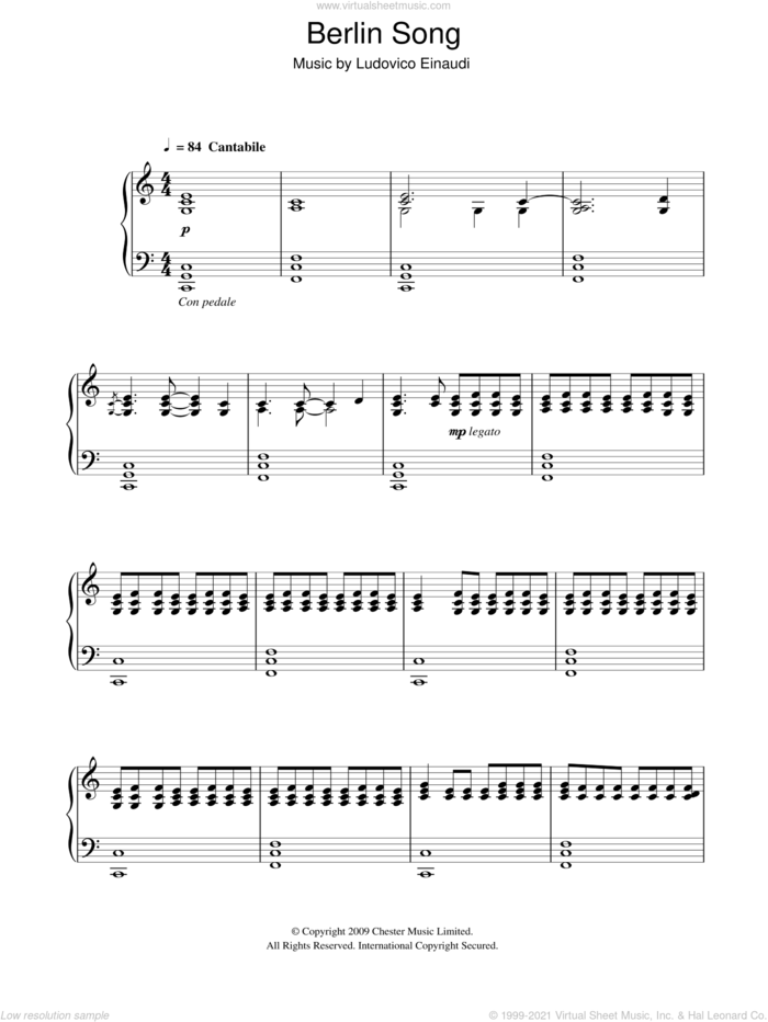 Berlin Song sheet music for piano solo by Ludovico Einaudi, classical score, intermediate skill level