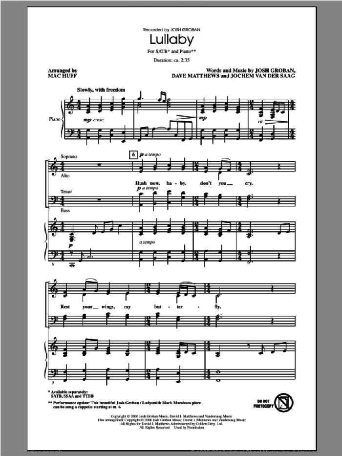 Lullaby sheet music for choir (SATB: soprano, alto, tenor, bass) by Mac Huff and Josh Groban, intermediate skill level