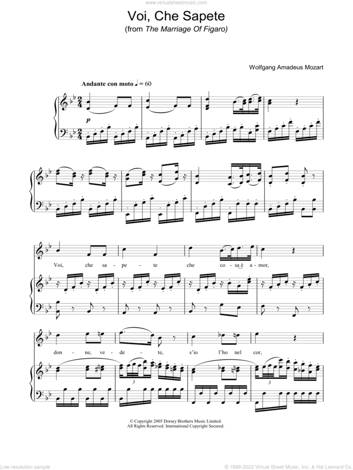 Voi Che Sapete (from The Marriage Of Figaro) sheet music for voice, piano or guitar by Wolfgang Amadeus Mozart, classical score, intermediate skill level