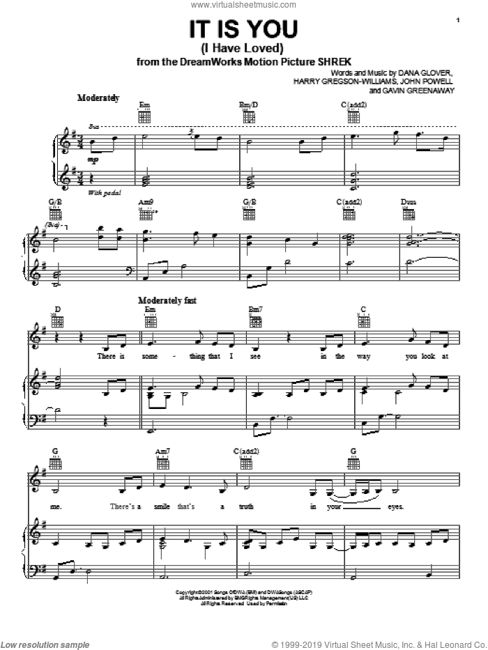 It Is You (I Have Loved) sheet music for voice, piano or guitar by Dana Glover, intermediate skill level