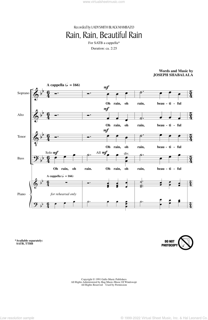 Rain, Rain, Beautiful Rain sheet music for choir (SATB: soprano, alto, tenor, bass) by Joseph Shabalala and Ladysmith Black Mambazo, intermediate skill level
