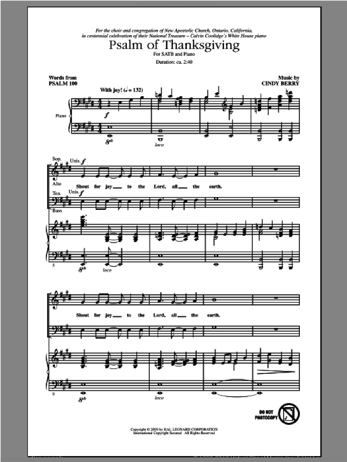 Psalm Of Thanksgiving sheet music for choir (SATB: soprano, alto, tenor, bass) by Cindy Berry, intermediate skill level