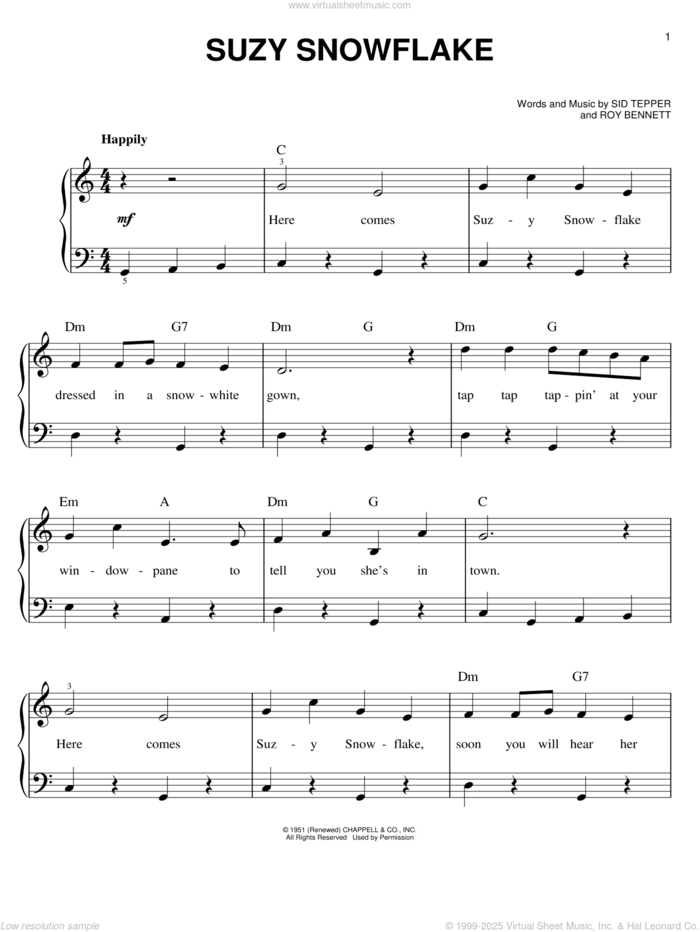 Suzy Snowflake sheet music for piano solo by Sid Tepper and Roy Bennett, easy skill level